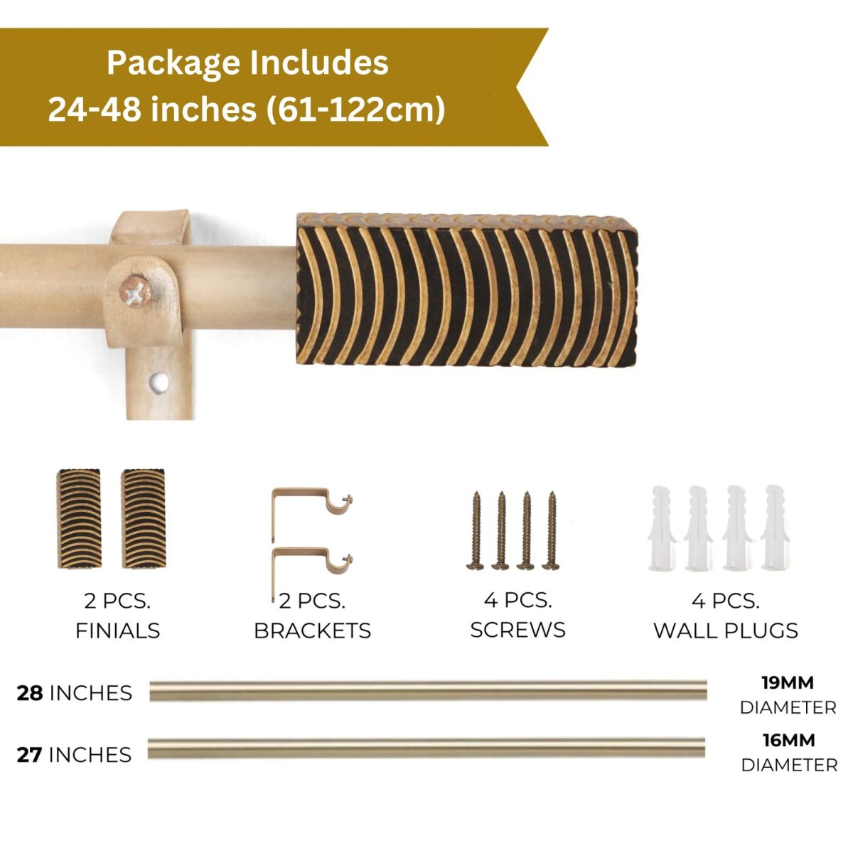 Extendable Curtain Rod Beige with Wooden Finials | 24-144 Inch |  Adjustable Pole Set with Brackets, Screws & Plugs | Strong 25kg Capacity - Image 3