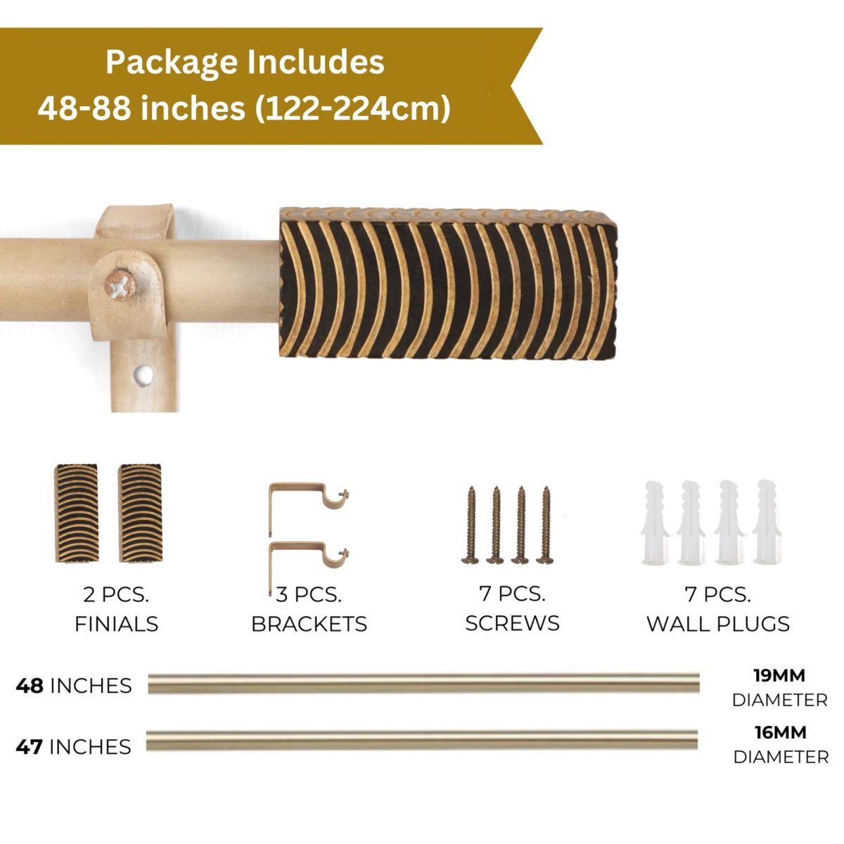 Extendable Curtain Rod Beige with Wooden Finials | 24-144 Inch |  Adjustable Pole Set with Brackets, Screws & Plugs | Strong 25kg Capacity - Image 4