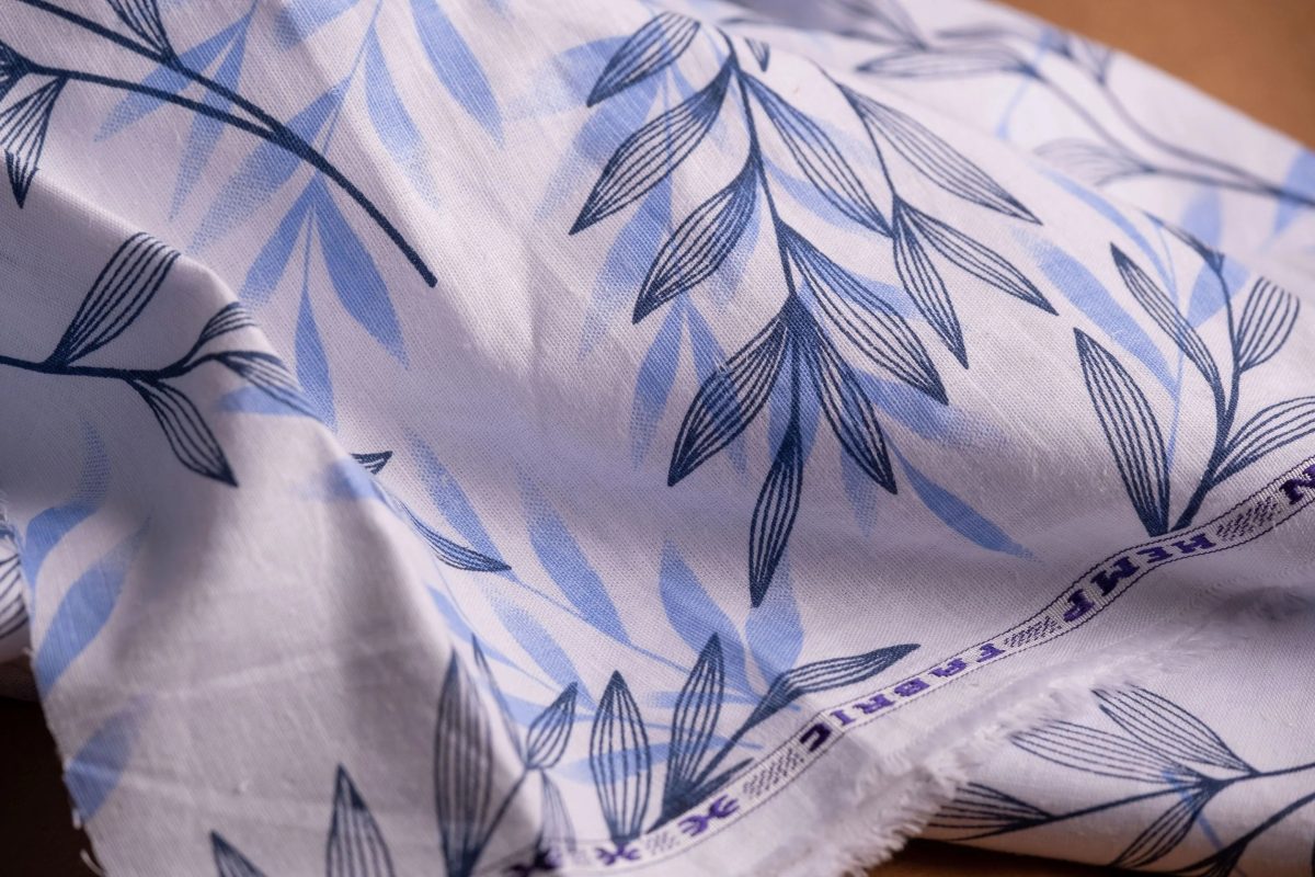 Willow Leaf Print Hemp Fabric | Sky & Navy Blue | Organic | 145gsm | 147cm Wide - Image 2