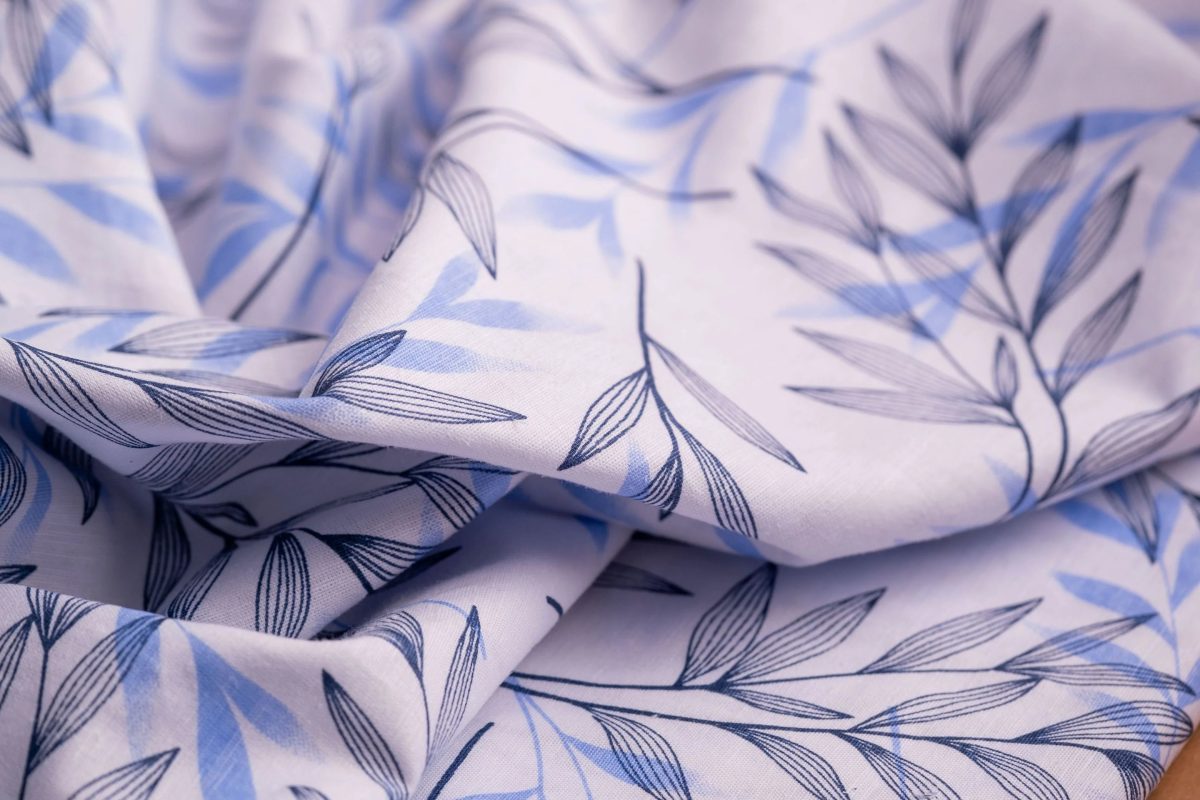 Willow Leaf Print Hemp Fabric | Sky & Navy Blue | Organic | 145gsm | 147cm Wide - Image 1