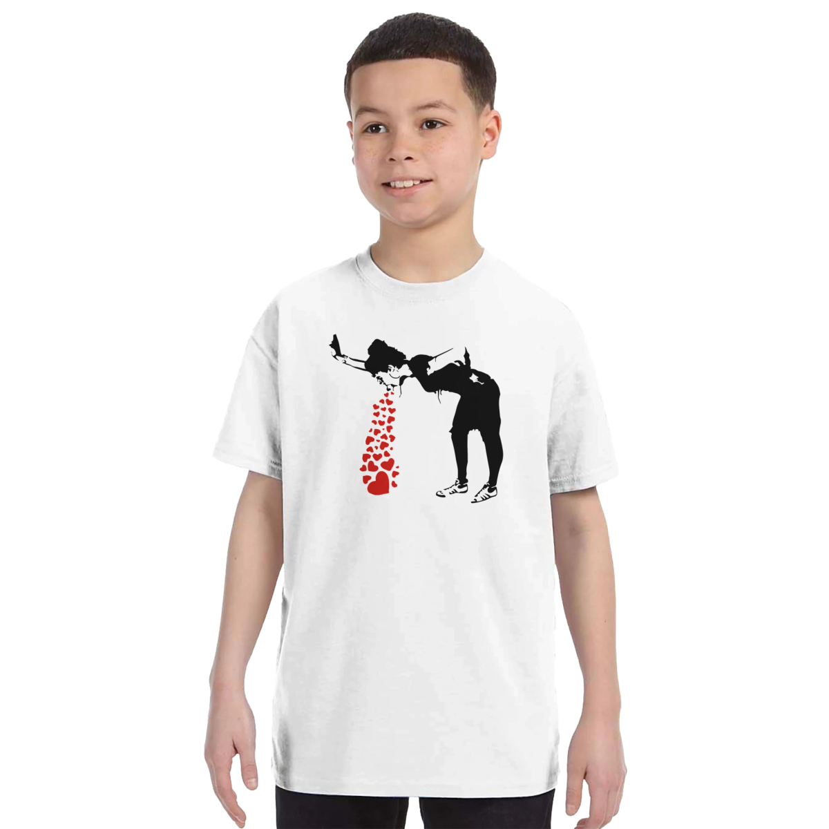 Banksy Lovesick Girl Throwing Up Hearts Artwork T-Shirt - Image 44