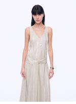 Silver Striped Linen V-Neck Drape Dress"Milan Holiday" - Image 2