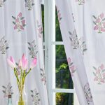 Light Grey & Pink Hand Block Printed Linen Curtains | Lotus Flower Design