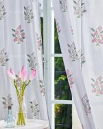 Light Grey & Pink Hand Block Printed Linen Curtains | Lotus Flower Design