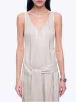 Silver Striped Linen V-Neck Drape Dress"Milan Holiday" - Image 5