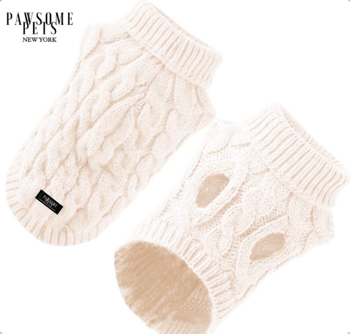 (EXTRA WARM) DOG AND CAT CABLE KNIT SWEATER - WHITE - Image 1