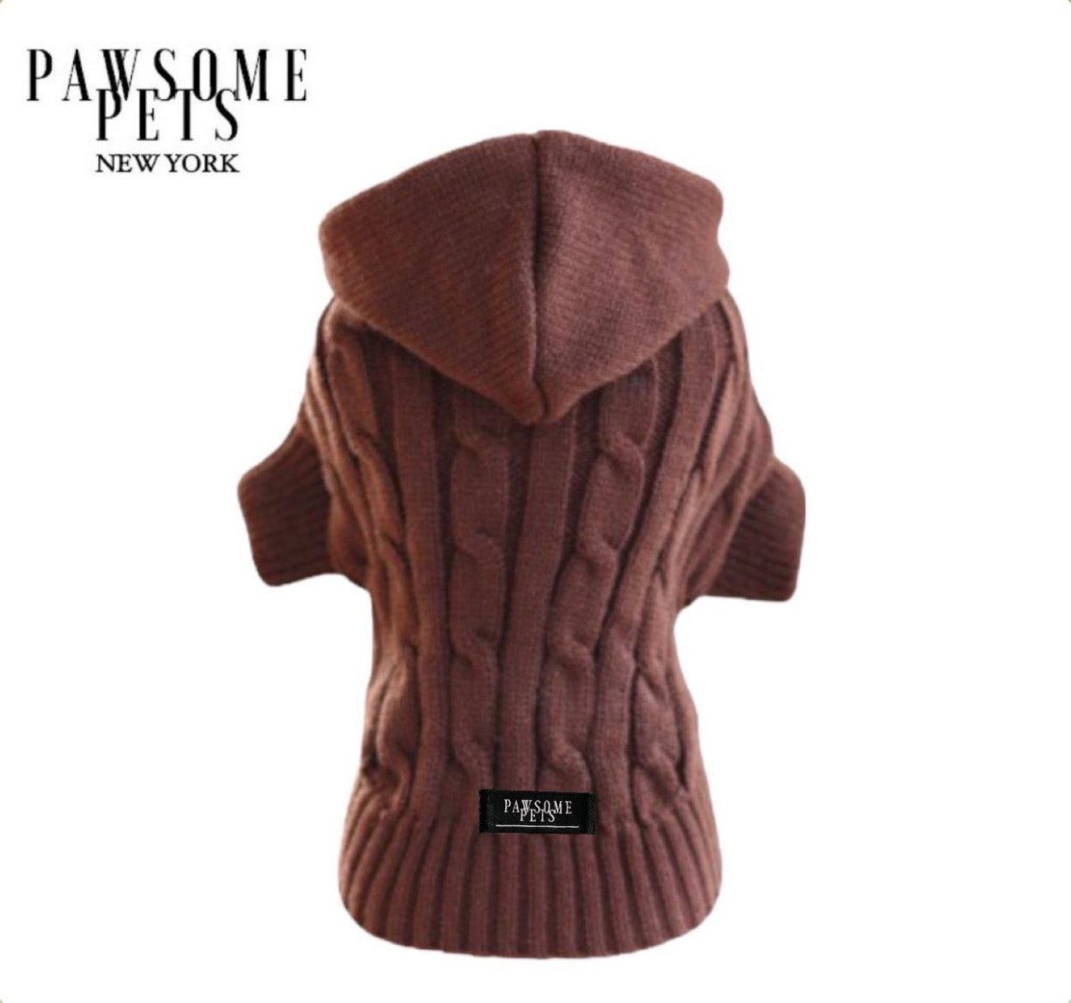 (EXTRA WARM) DOG AND CAT CABLE KNIT SWEATER WITH HAT - BROWN - Image 1