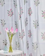 Light Grey & Pink Hand Block Printed Linen Curtains | Lotus Flower Design - Image 2