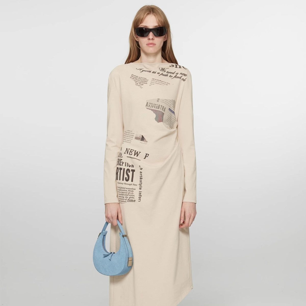 "Style in the City" Original Printed One-shoulder Bias-cut Dress Women's Pleated Waist Slimming Long Dress Spring - Image 1