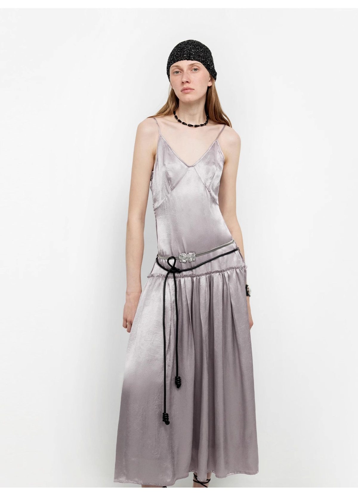 Luxurious and light, glossy and silky 100% acetate low-waisted long suspender dress "Girls' Letterhead" - Image 1