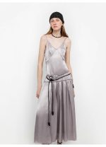 Luxurious and light, glossy and silky 100% acetate low-waisted long suspender dress "Girls' Letterhead"