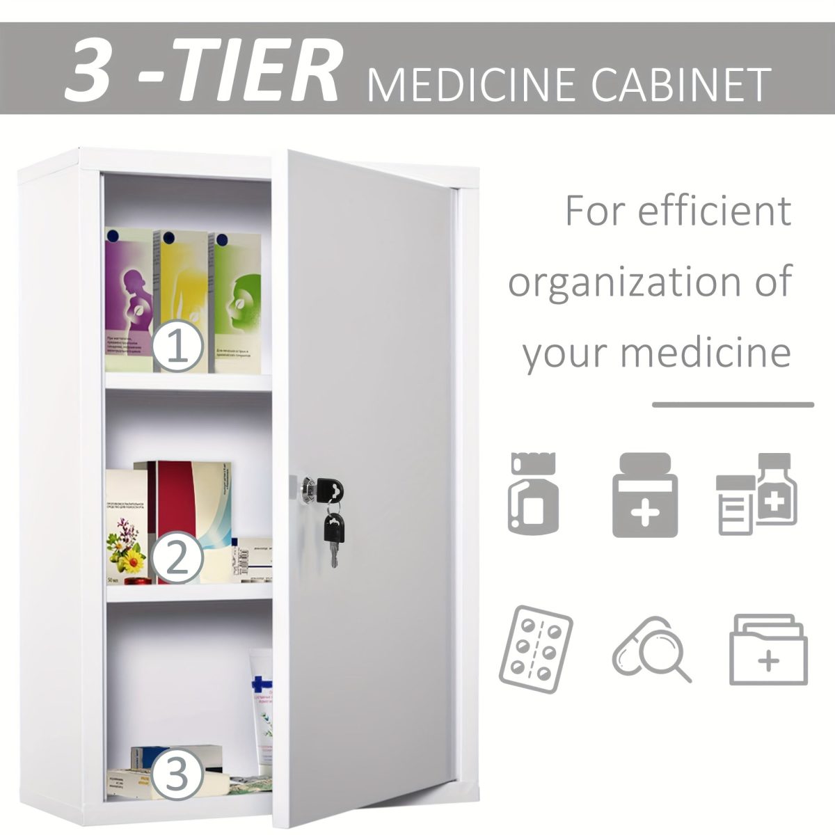 3-Tier Wall-Mounted Metal Medicine Cabinet - Image 2