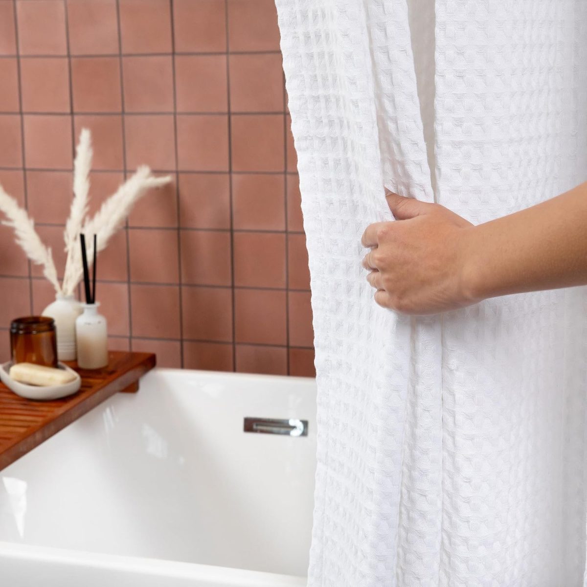 Organic Cotton Waffle Shower Curtain White | Mold Resistant, Quick Dry | Standard Sizes & Made to Measure - Image 2