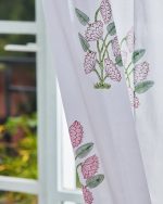 Light Grey & Pink Hand Block Printed Linen Curtains | Lotus Flower Design - Image 3