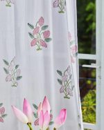 Light Grey & Pink Hand Block Printed Linen Curtains | Lotus Flower Design - Image 4
