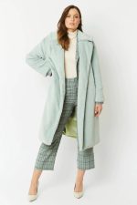 Light Green Faux Fur Midi Shaved Shearling Coat - Image 2