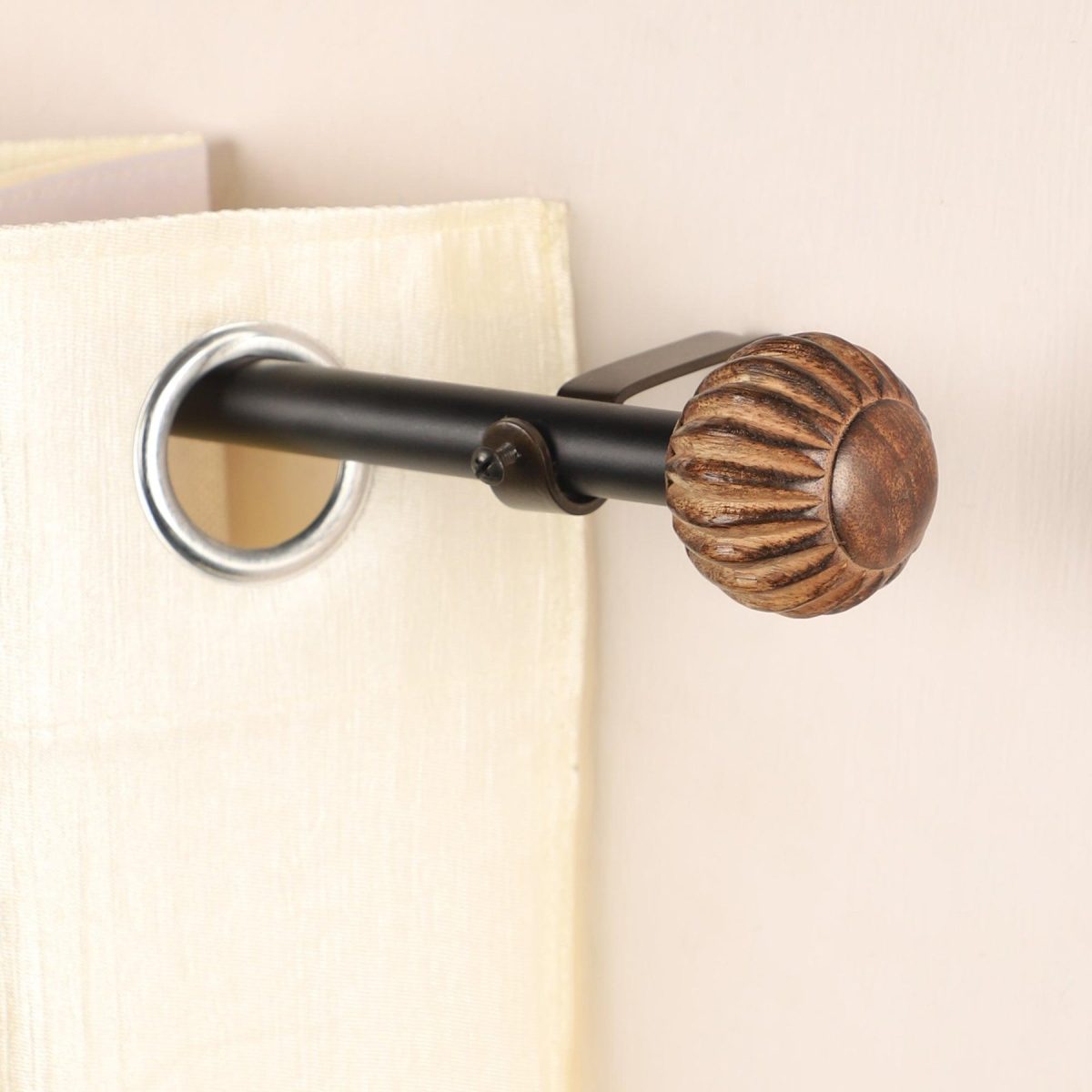 Black Extendable Curtain Pole | Carved Wooden Ball Finials | 61-366cm - Image 1