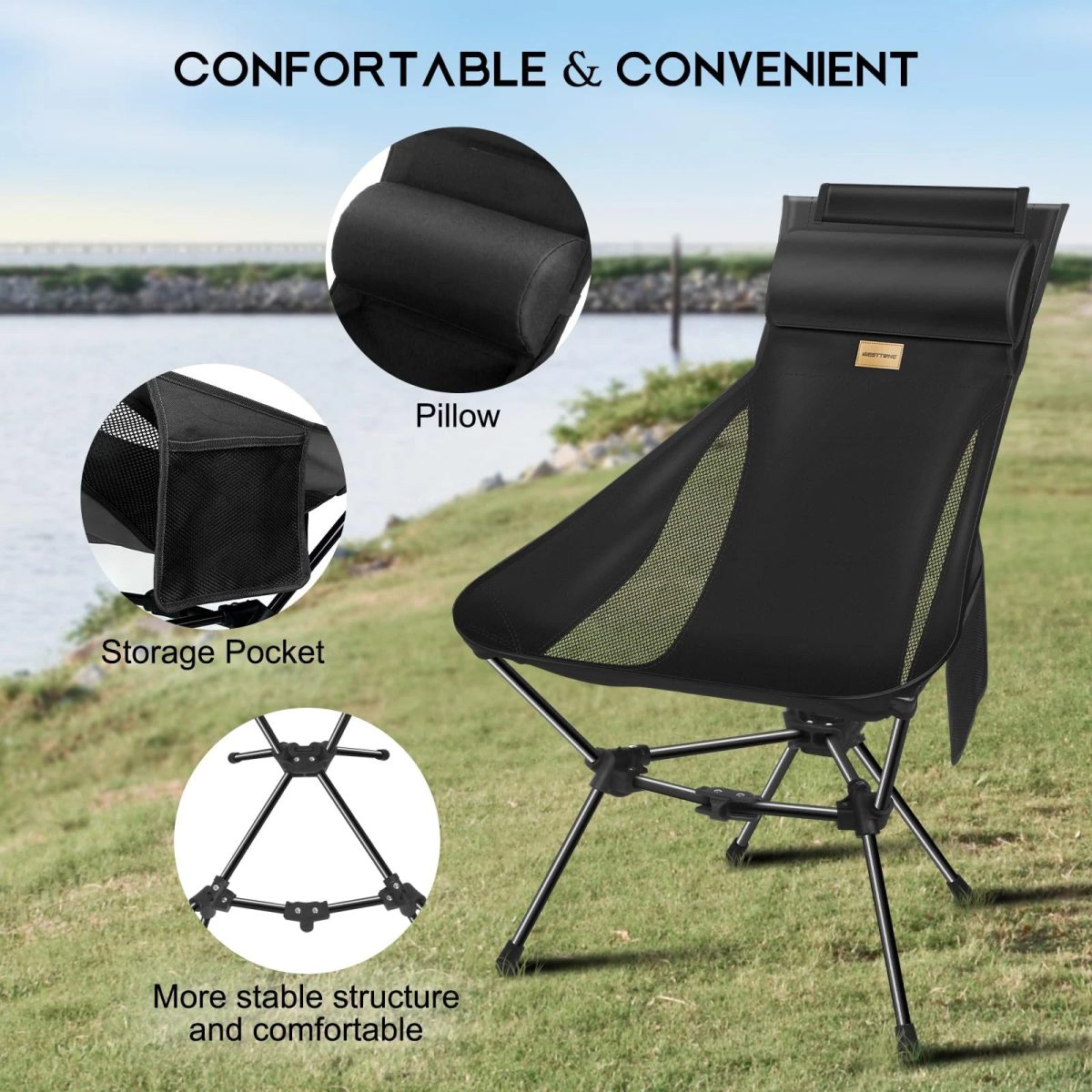 NNEOBA Portable Camping Chair with Headrest Black - Image 3