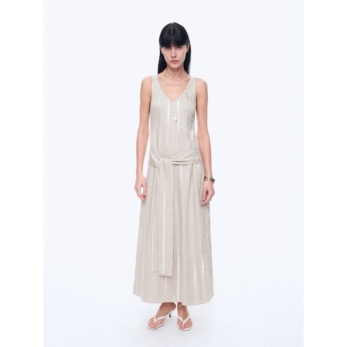 Silver Striped Linen V-Neck Drape Dress"Milan Holiday" - Image 8