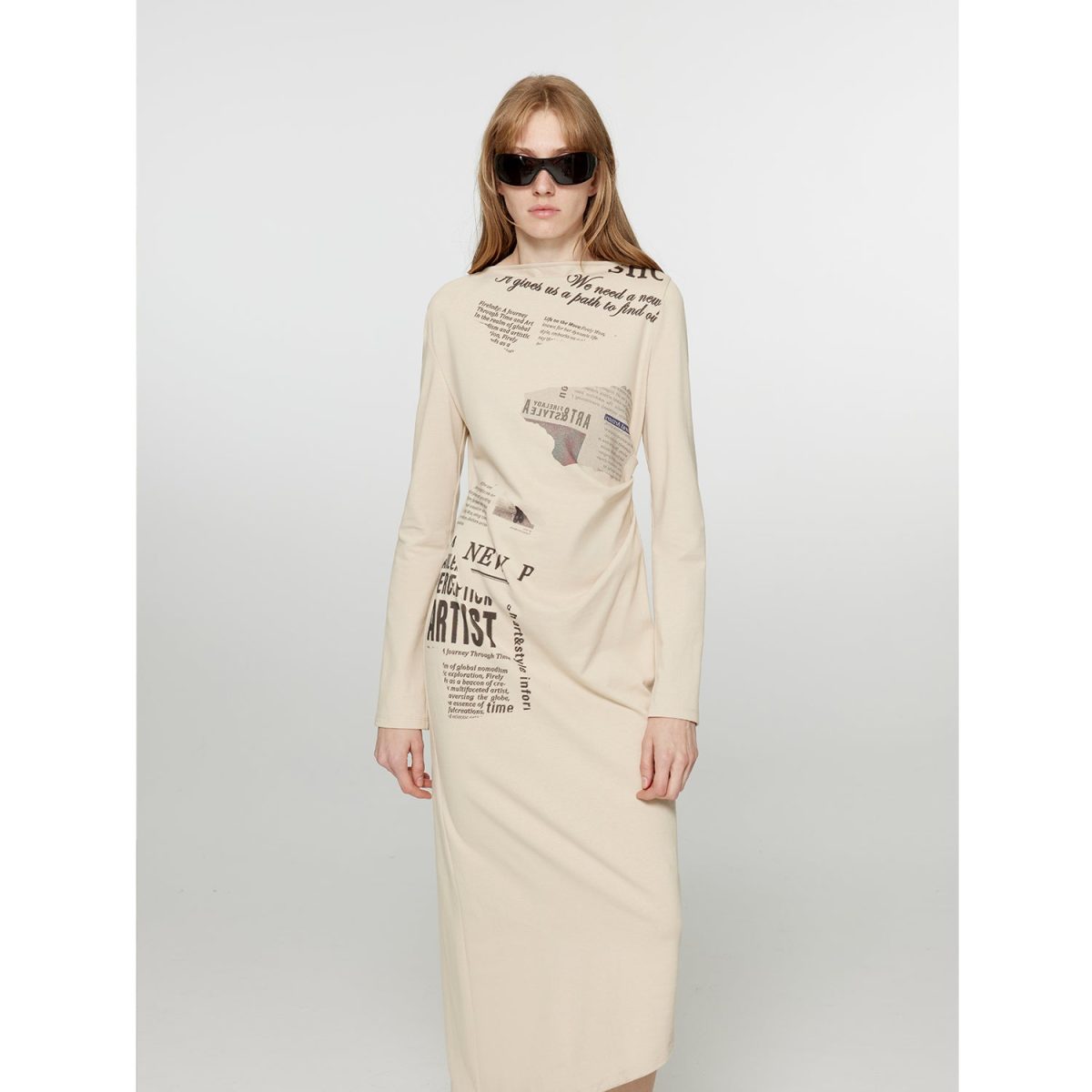 "Style in the City" Original Printed One-shoulder Bias-cut Dress Women's Pleated Waist Slimming Long Dress Spring - Image 6