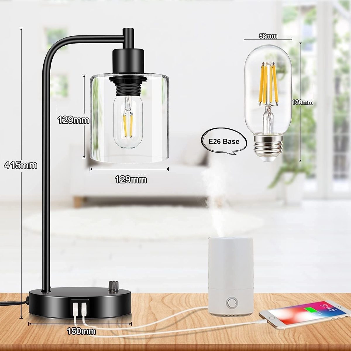 NNEDSZ 2x Pack Industrial Table Lamp with 2 USB Port for Bedside Nightstand Desk and Living Room Office (Bulb not Included) - Image 5