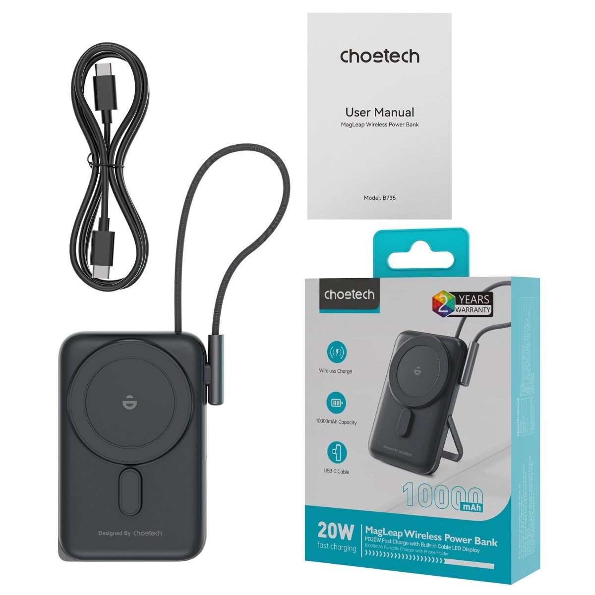NNEDSZ CHOETECH B735-BK 10000mAh 20W MagLeap Wireless Power Bank Black with Phone Holder and Build-in Cable - Image 4
