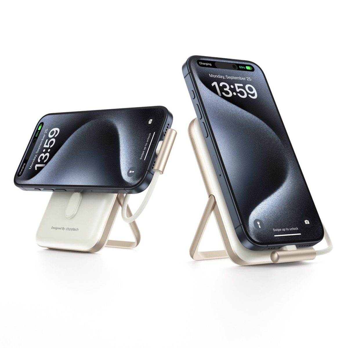 NNEDSZ CHOETECH B735-WH 10000mAh 20W MagLeap Wireless Power Bank White with Phone Holder and Build-in Cable - Image 2