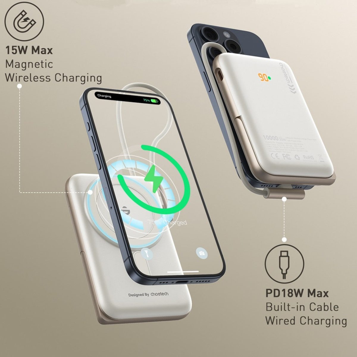 NNEDSZ CHOETECH B735-WH 10000mAh 20W MagLeap Wireless Power Bank White with Phone Holder and Build-in Cable - Image 3