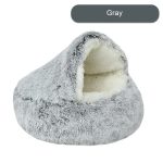 NNEDSZ Cozy Gray Plush Hooded Pet Bed - Ultra Soft Long Fur Cave Bed for Small Pets 40cm