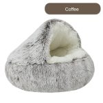 NNEDSZ Cozy Coffee Plush Hooded Pet Bed - Ultra Soft Long Fur Cave Bed for Small Pets 40cm