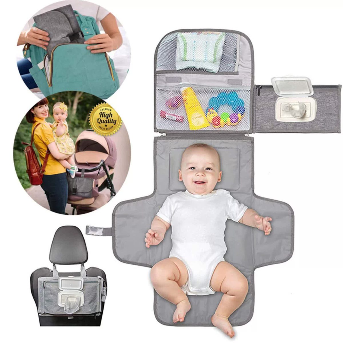 NNEDSZ Grey Portable Baby Diaper Changing Pad with Storage Pockets - Travel Essentials for Parents - Image 1