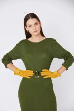 Yellow Faux Suede Gloves With Faux Fur Pom - Image 2
