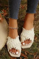 Beige Tassel Woven Crossed Straps Flat Slippers - Image 6