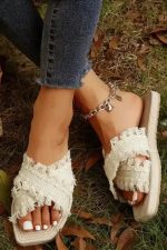 Beige Tassel Woven Crossed Straps Flat Slippers - Image 2