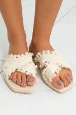 Beige Tassel Woven Crossed Straps Flat Slippers - Image 5