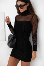 Black Dotted Mesh Striped Frilled Neck Bubble Sleeve Dress - Image 3