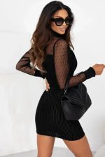 Black Dotted Mesh Striped Frilled Neck Bubble Sleeve Dress - Image 2