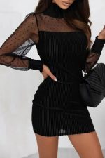 Black Dotted Mesh Striped Frilled Neck Bubble Sleeve Dress - Image 5