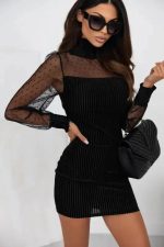 Black Dotted Mesh Striped Frilled Neck Bubble Sleeve Dress - Image 7