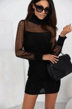 Black Dotted Mesh Striped Frilled Neck Bubble Sleeve Dress - Image 4