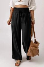 Black Drawstring Elastic Waist Casual Wide Leg Pants - Image 10