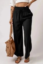 Black Drawstring Elastic Waist Casual Wide Leg Pants - Image 5
