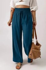 Black Drawstring Elastic Waist Casual Wide Leg Pants - Image 15