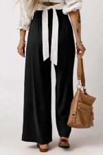 Black Drawstring Elastic Waist Casual Wide Leg Pants - Image 3