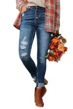 Blue Distressed Skinny Jeans - Button-Fly High-Waist - Image 5