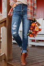 Blue Distressed Skinny Jeans - Button-Fly High-Waist - Image 11