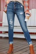 Blue Distressed Skinny Jeans - Button-Fly High-Waist - Image 4