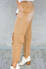 Brown Distressed Hollow-out Cropped Flare Jeans - Image 2