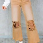 Brown Distressed Hollow-out Cropped Flare Jeans