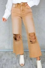 Brown Distressed Hollow-out Cropped Flare Jeans - Image 9